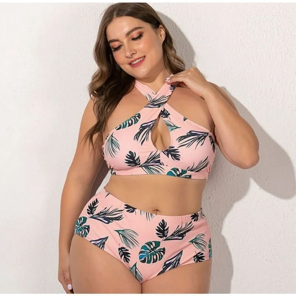 Rose Gal Women's 2 Piece High Waisted Halter Bikini Swimsuit Size 5X Pink Black